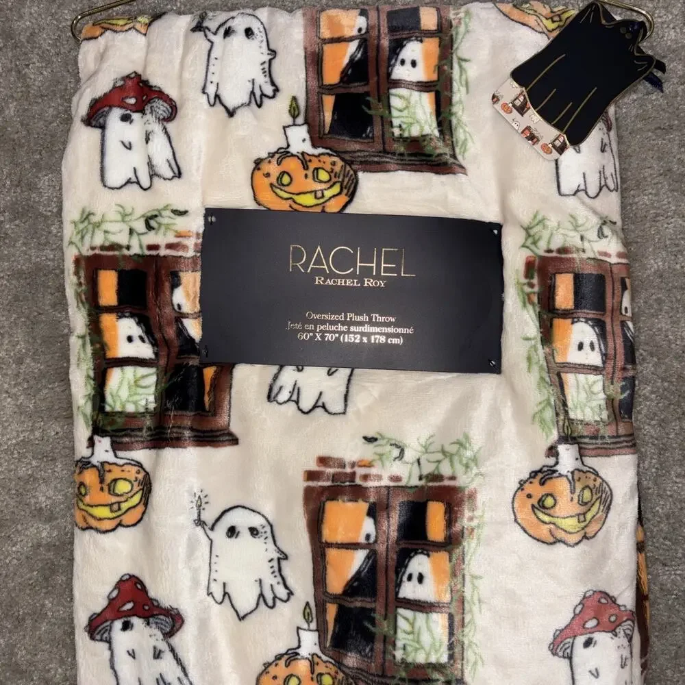 Rachael Roy Halloween Ghost Mushroom Pumpkin Plush Throw Blanket 60x70 NEW